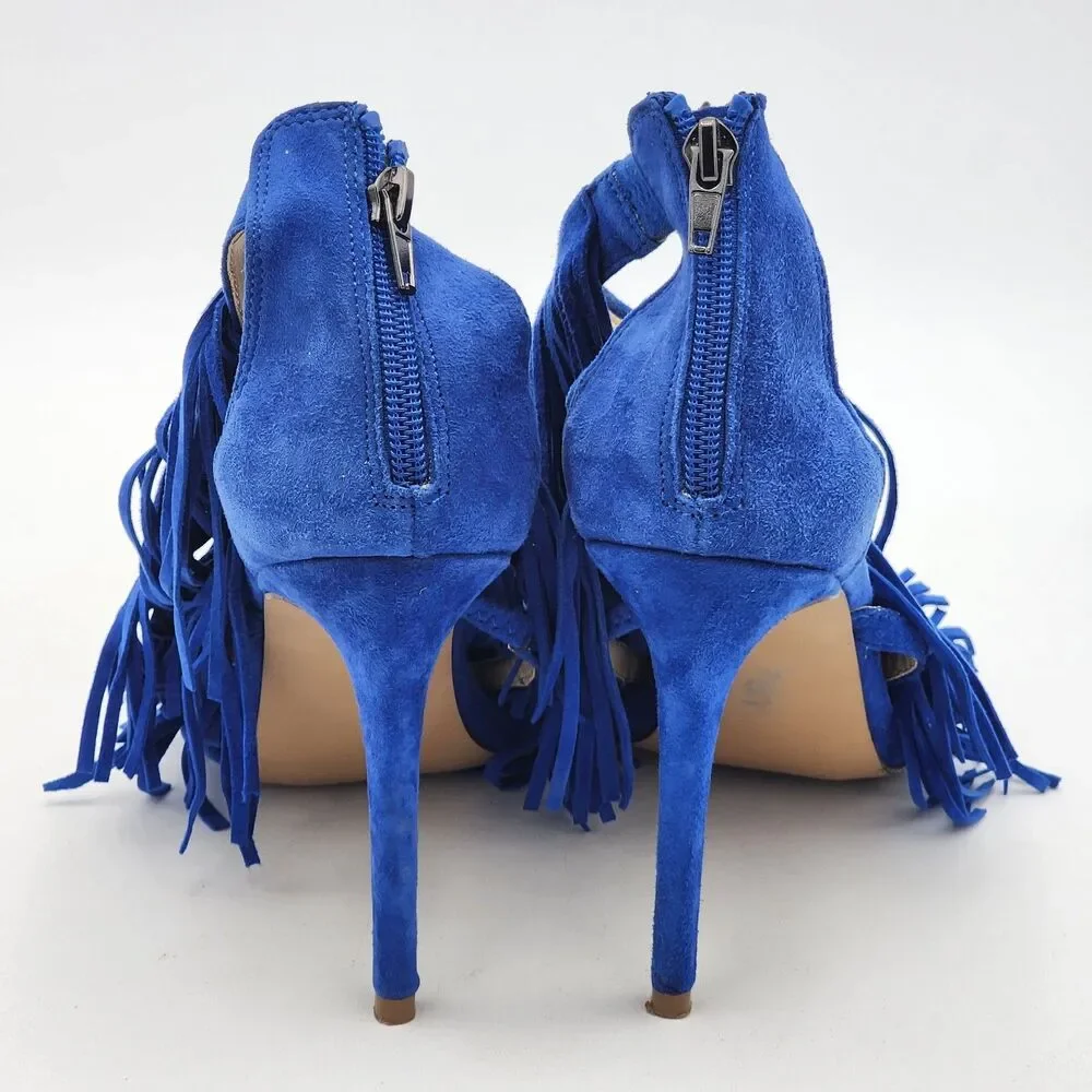 Steve Madden Fringly Funky Fringe Suede Pump Heels Boho Glam Royal Blue Size 9